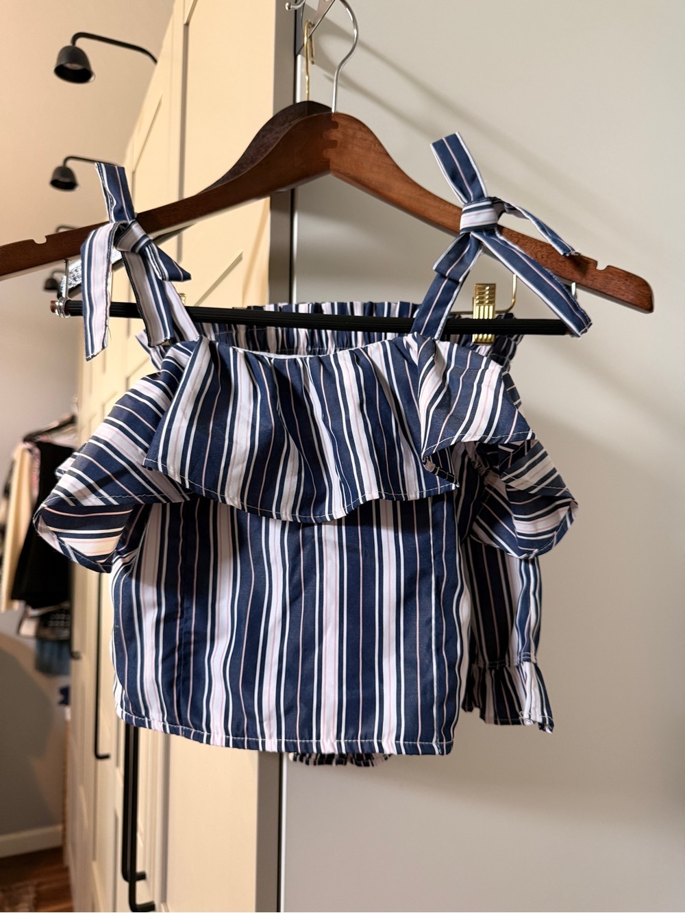Striped Off-Shoulder Tie-Shoulder Top - Navy/White